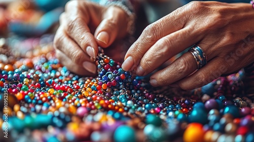 Colorful Beads: A Craftsperson's Hands Carefully Selecting Vibrant Gems for Jewelry Creation