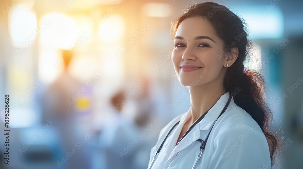 A woman wearing a white coat and a stethoscope is smiling A woman wearing a white coat and a stethoscope is smiling