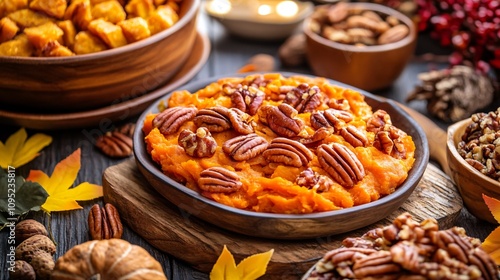 Sweet potato casserole styled with candied pecans, displayed on a wooden board