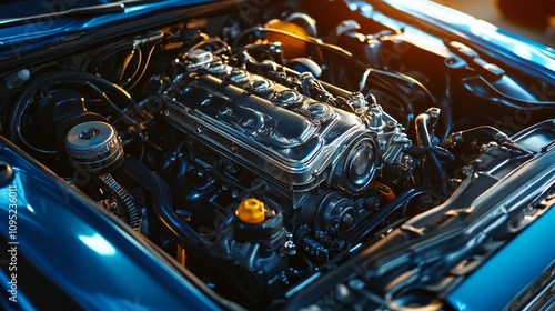 A close up of a car engine with the hood open