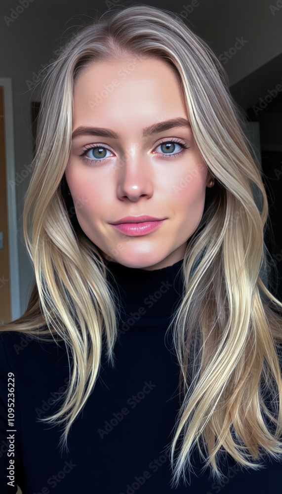 Naklejka premium Young Woman in Black Turtleneck with Serious Expression