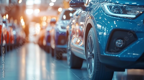 A row of cars are on display in a showroom