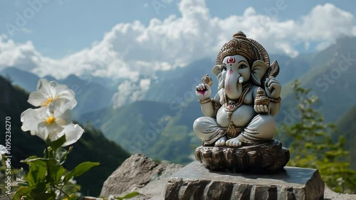 Ganesha/Ganesh spiritual stone statue cinematic shot in mountainous area. Religious Hindu idol on natural background. Ganapati, Vinayaka, Lambodara and Pillaiyar, worshipped deity in Hindu pantheon. photo