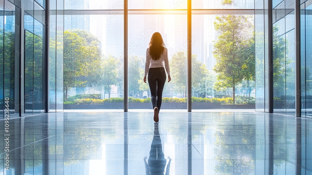 Woman Walking Towards a Bright Future: A Modern Office Setting Woman Walking Towards a Bright Future: A Modern Office Setting