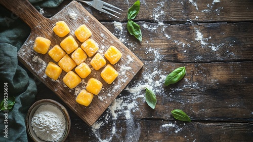 Sweet potato gnocchi arranged on a floured rustic wooden board, with a fork nearby photo