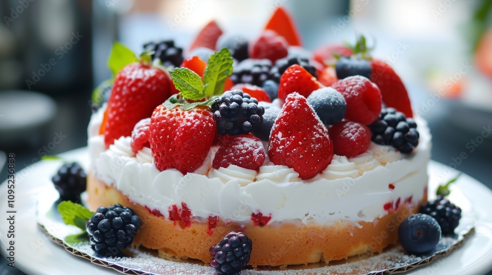 a cake with berries and cream on a plate with a green leaf on top of it a cake with berries and cream on a plate with a green leaf on top of it