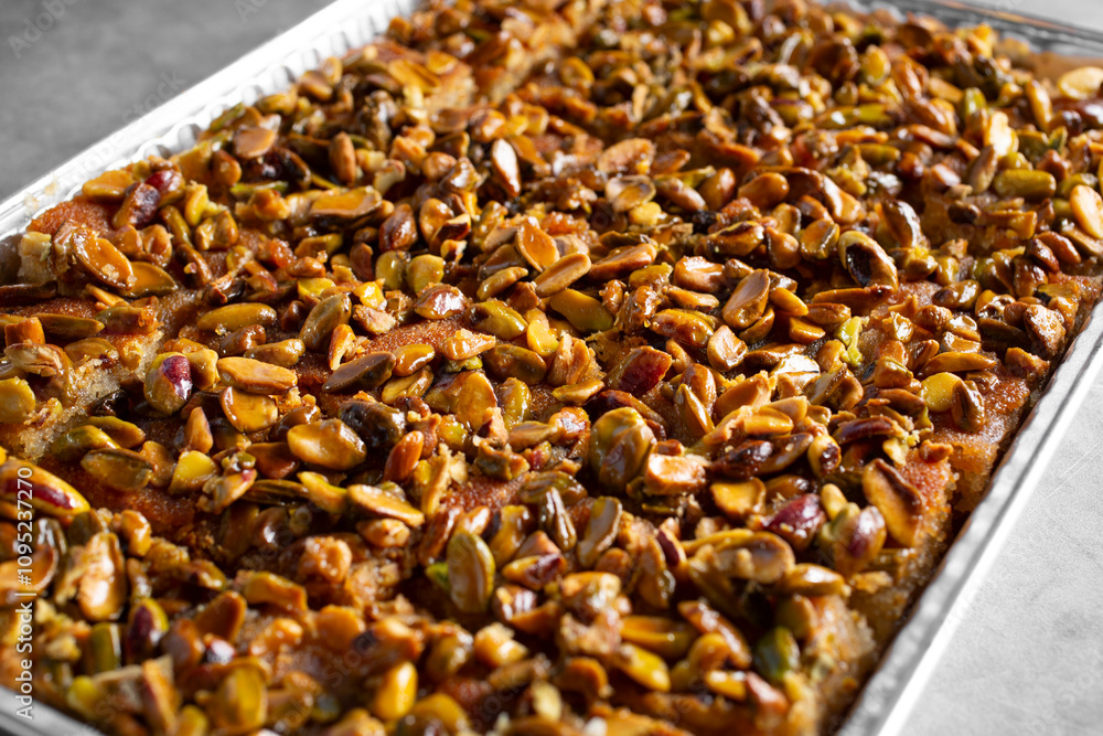 A closeup view of a catering tray of Namoura pistachio pastries. A closeup view of a catering tray of Namoura pistachio pastries.