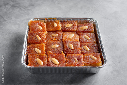 A view of a catering tray of namoura. photo