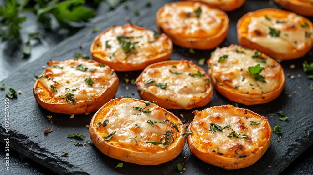 Sweet potato rounds baked with cheese and herbs, arranged neatly on a slate board Sweet potato rounds baked with cheese and herbs, arranged neatly on a slate board