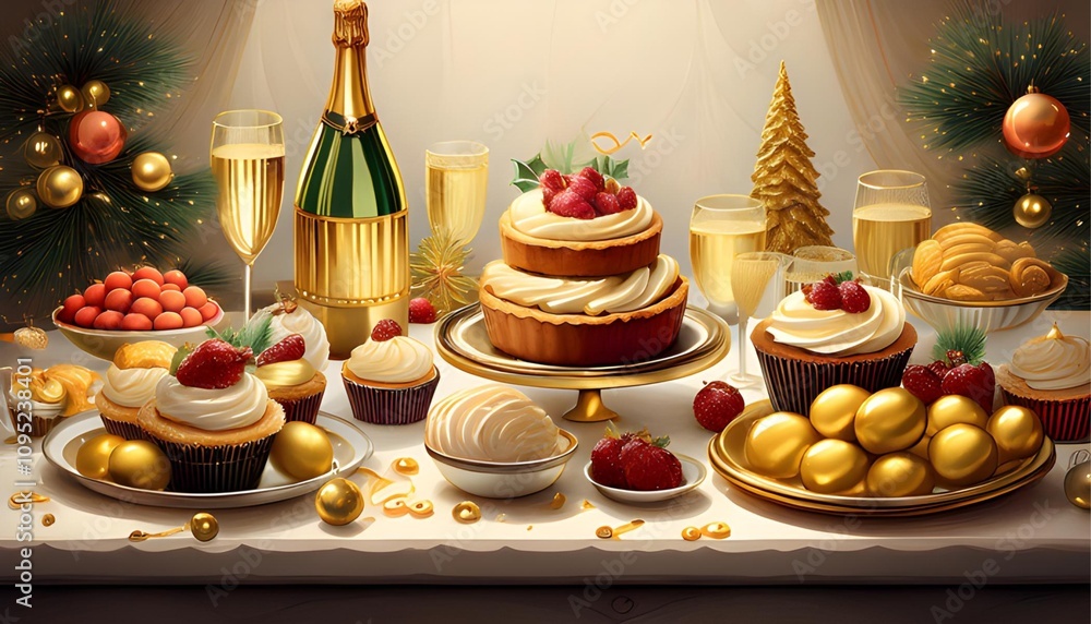 Naklejka premium Festive Feast: A lavish holiday table overflowing with decadent desserts, champagne, and golden ornaments, evoking a sense of celebration and indulgence. 