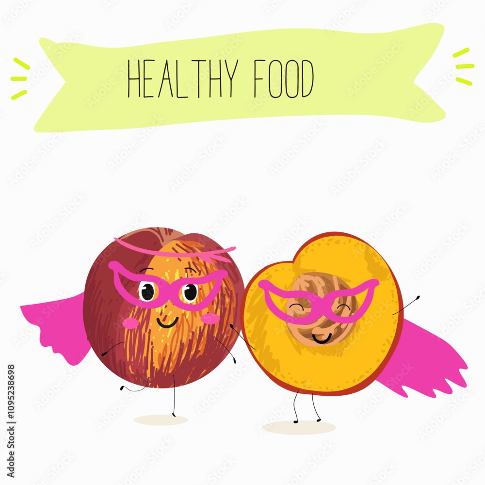 Obraz premium Nectarine fruit cute funny cheerful characters with different poses and activities. Natural vitamin antioxidant detox food collection. Vector hand drawn illistration.