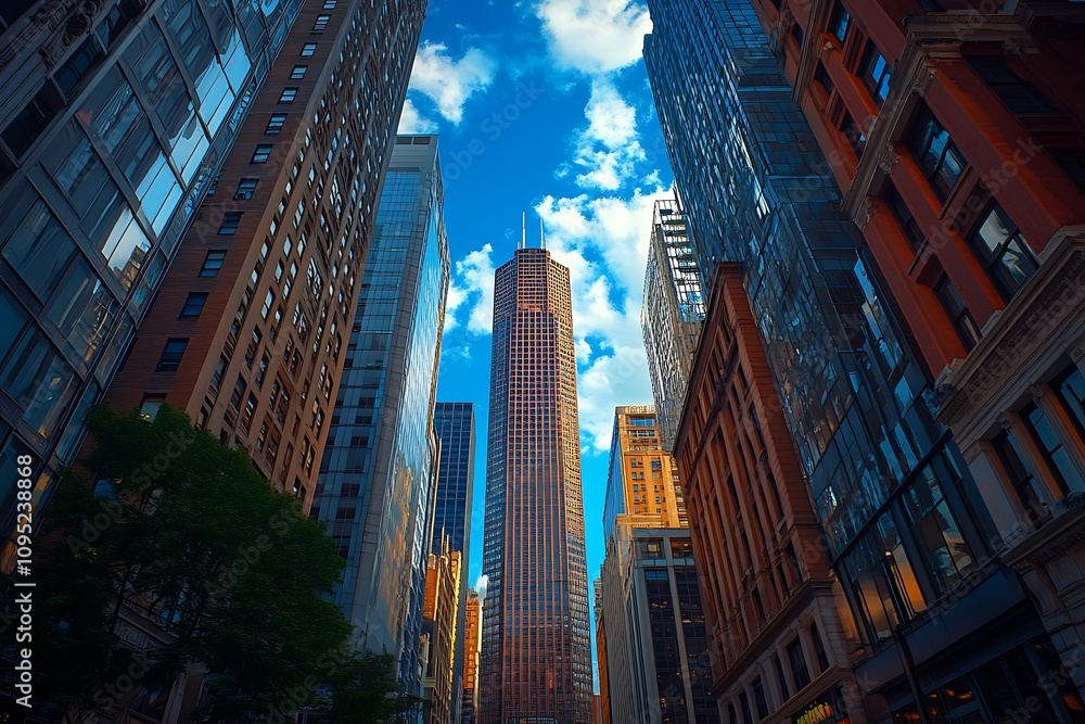 Upward View Anonymous Commuters in City Canyon of Tall Buildings Upward View Anonymous Commuters in City Canyon of Tall Buildings