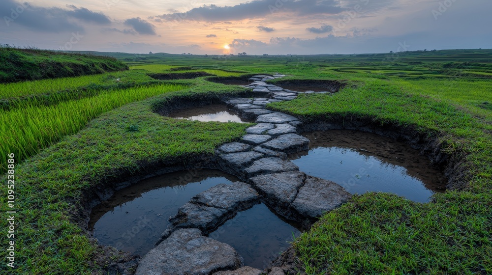 Serene Sunset Stone Path Across Lush Green Rice Paddy Fields Serene Sunset Stone Path Across Lush Green Rice Paddy Fields