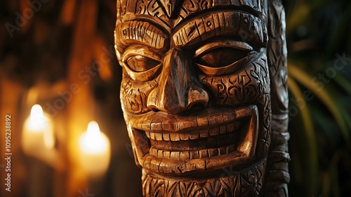 Polynesian Tiki Totem Carved with Intricate Detail, Glowing in Candlelight. AI Generated photo