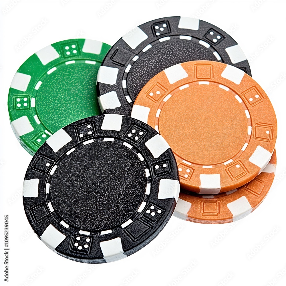 Macro shot of assorted casino poker chips on a plain white background Macro shot of assorted casino poker chips on a plain white background