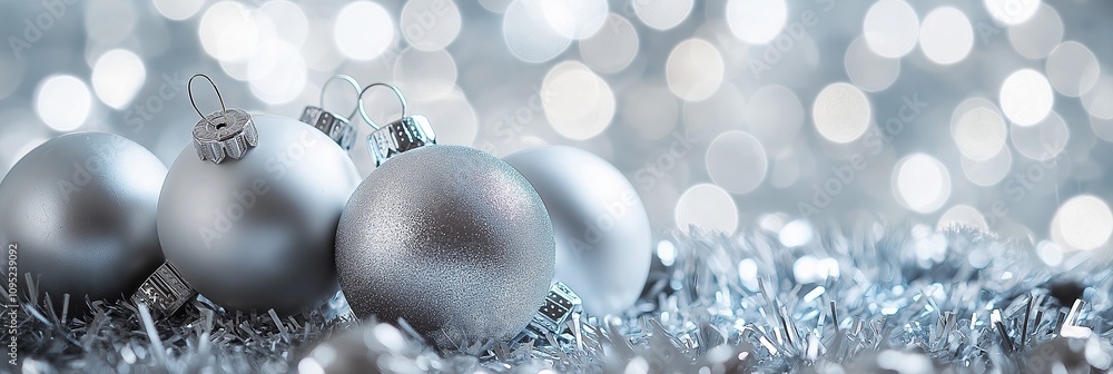 A collection of silver Christmas ornaments shining beautifully on display. A collection of silver Christmas ornaments shining beautifully on display.