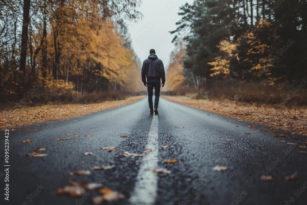 A person walks alone down a quiet, leaf-covered road in autumn. A person walks alone down a quiet, leaf-covered road in autumn.