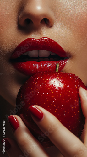 Close-up of a woman holding a glossy red apple with striking red lips and nails, showcasing a bold beauty aesthetic in a dramatic ambiance