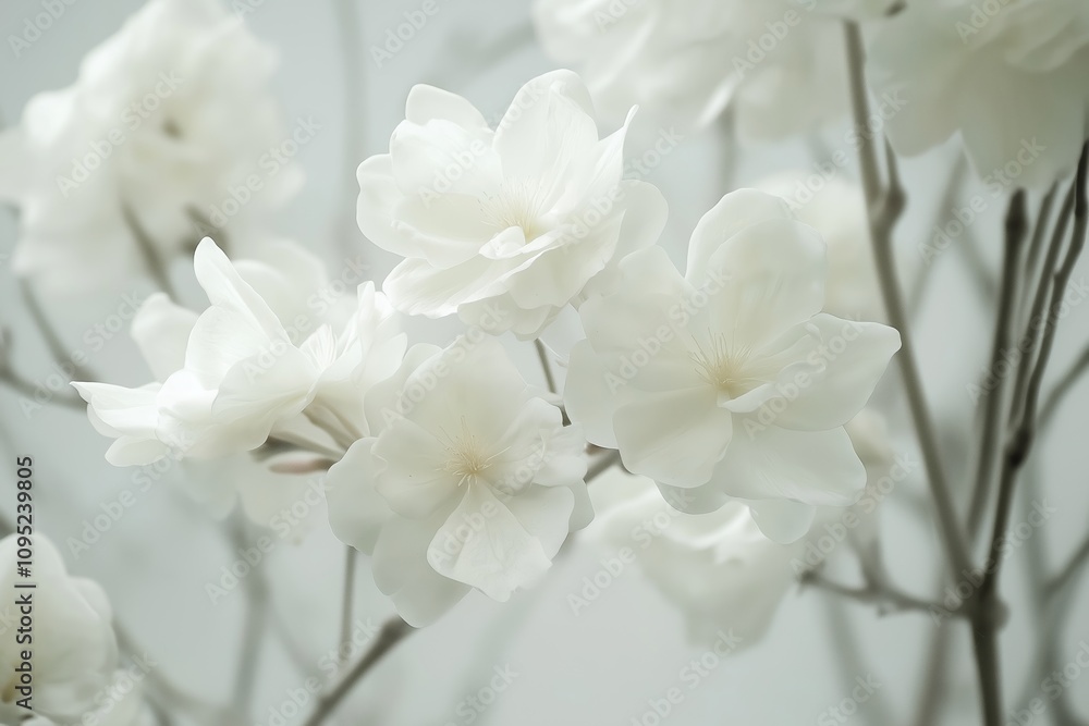 Fototapeta premium Close-up of beautiful white flowers, showcasing their intricate details in soft lighting.