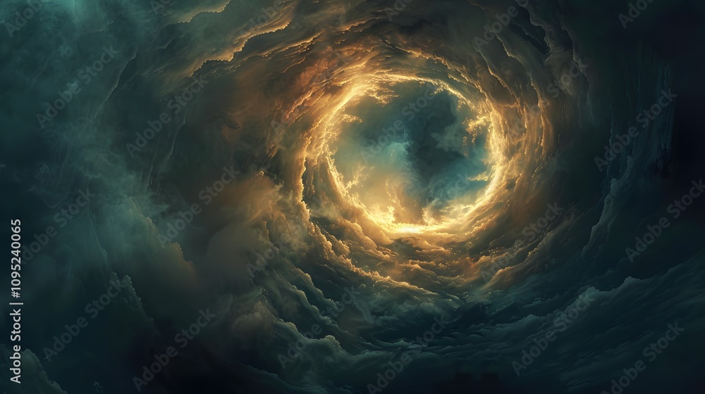 A swirling, luminous portal in the clouds with golden edges. A swirling, luminous portal in the clouds with golden edges.