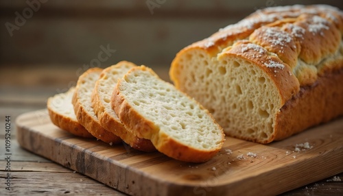 Slices of freshly baked bread on a wooden cutting board in a rustic kitchen setting