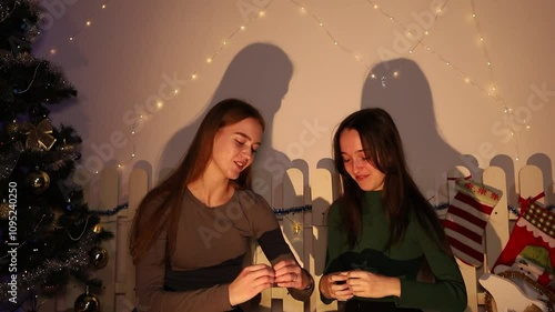 Shadows on the wall, entertainment. Friendship. Fun and laughter. New Year's atmosphere. Subdued cinematic light. Christmas tree and gifts. Two girls celebrate the new year. Theater of shadows