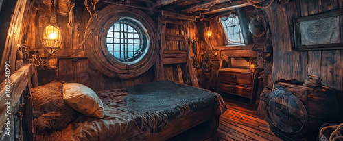 Interior of an old pirate ship, dark and creepy. Old furniture and wooden walls