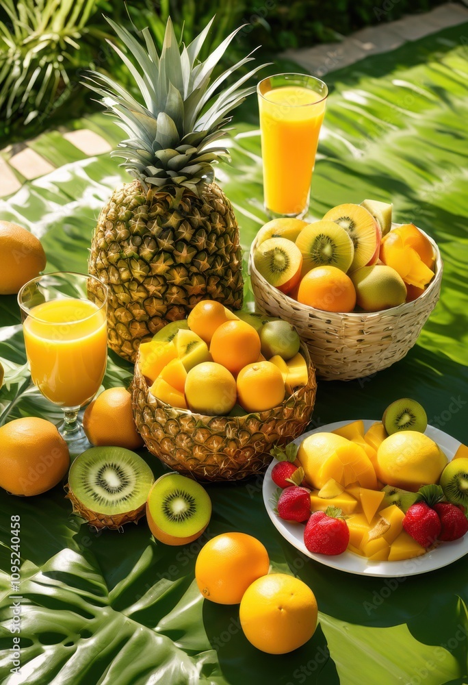 vibrant colorful fruit arrangement refreshingly bright glass freshly squeezed juice perfect any summery table setup, beverage, cocktail, citrus, lemons