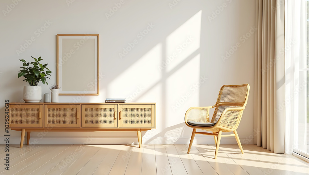 Fototapeta premium Cozy modern living room interior with wooden cabinet, armchair, golden accent chair, potted plant, sunlight through window