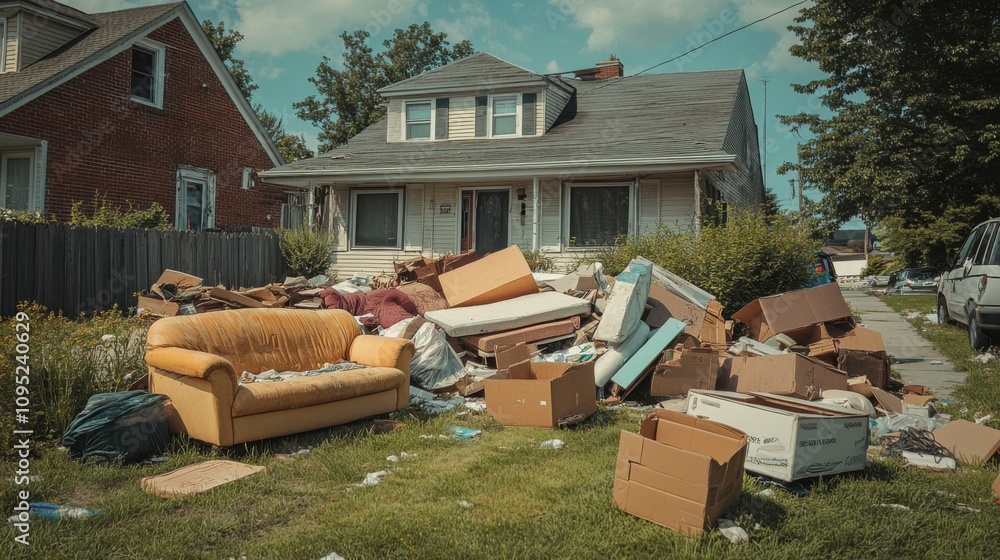 Fototapeta premium Residential House Front Yard Overflowing with Junk, Trash, and Debris