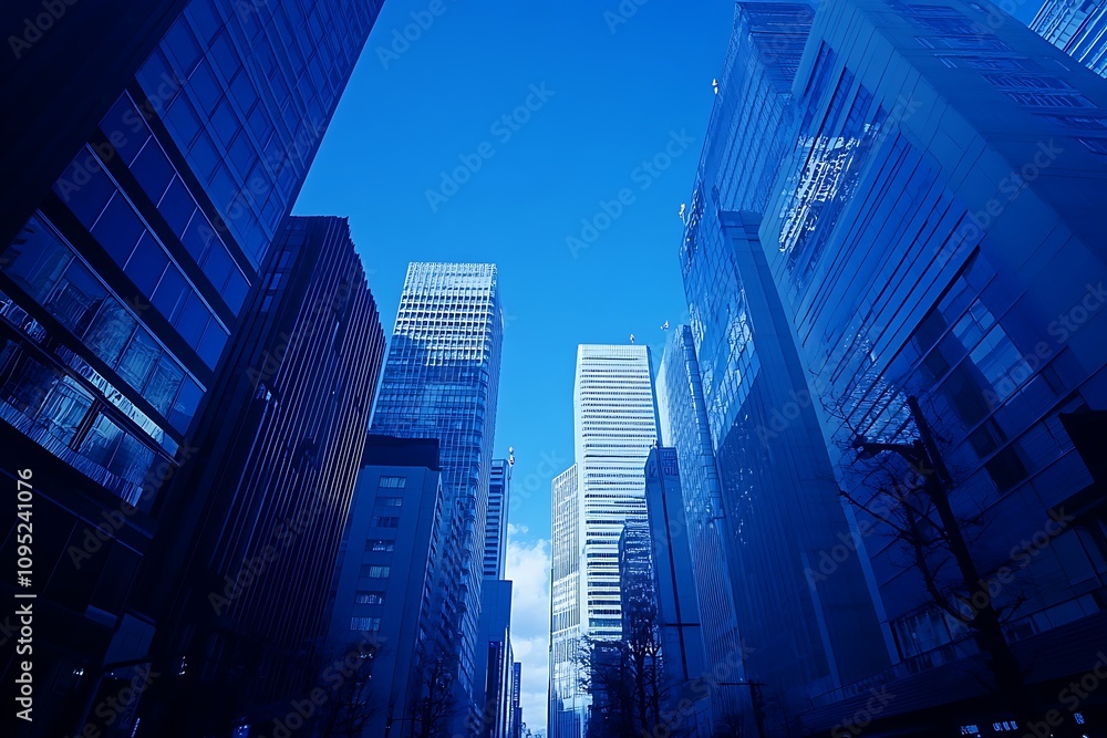 Upward View Minimalist Vibrant Blue Cityscape, Building Fronts Upward View Minimalist Vibrant Blue Cityscape, Building Fronts