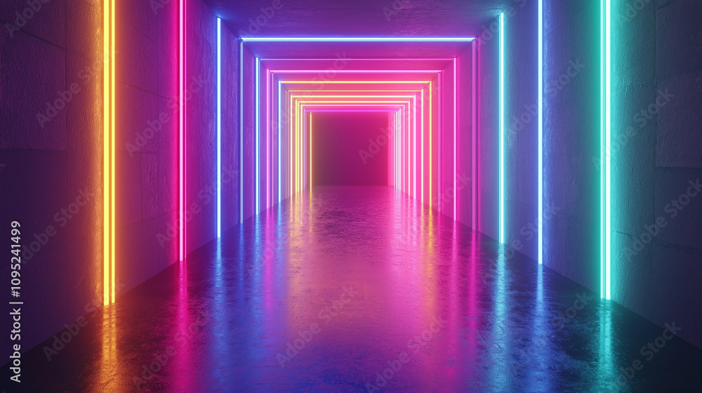 Fototapeta premium A mesmerizing digital art piece featuring a vibrant and colorful neon tunnel. Perfect for futuristic and sci-fi designs