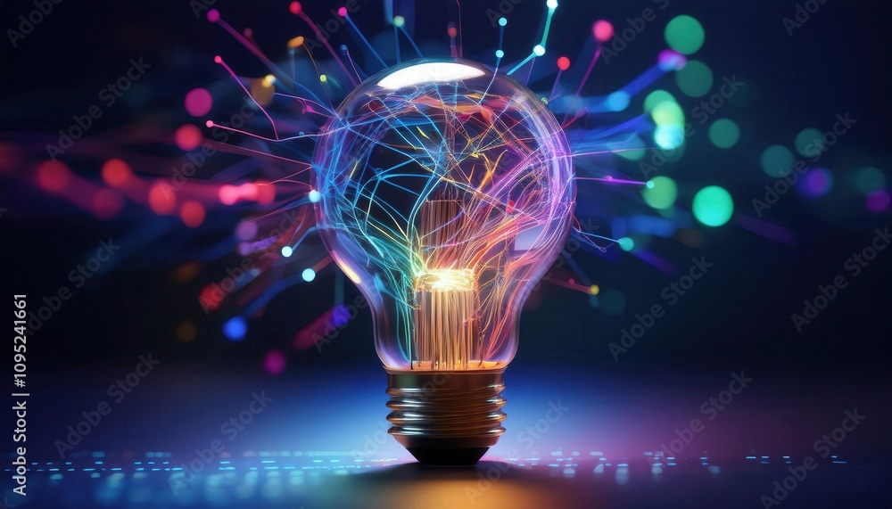 Illuminated light bulb with vibrant, colorful energy connections and sparks, symbolizing ideas. Illuminated light bulb with vibrant, colorful energy connections and sparks, symbolizing ideas.