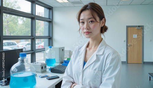 Confident female scientist in lab coat standing next to blue solution in laboratory