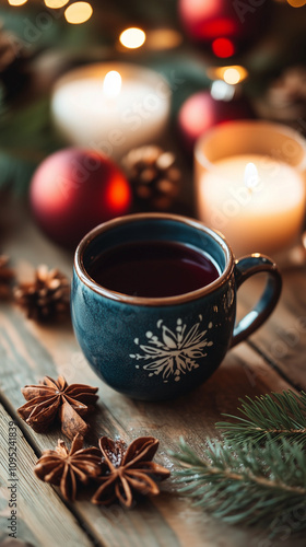 Mulled wine in festive mug with spices and Christmas decor