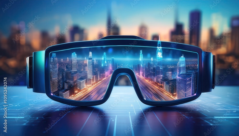 Futuristic smart glasses displaying a vibrant cityscape in augmented reality. Futuristic smart glasses displaying a vibrant cityscape in augmented reality.
