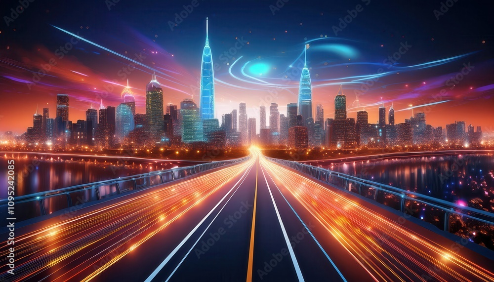 A futuristic skyline with vibrant lights and a dynamic atmosphere at dusk. A futuristic skyline with vibrant lights and a dynamic atmosphere at dusk.