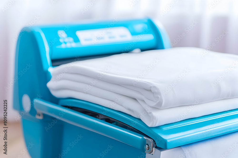 Stack of freshly laundered white linens on a teal blue folding machine. Clean, crisp, and ready for use. Stack of freshly laundered white linens on a teal blue folding machine. Clean, crisp, and ready for use.