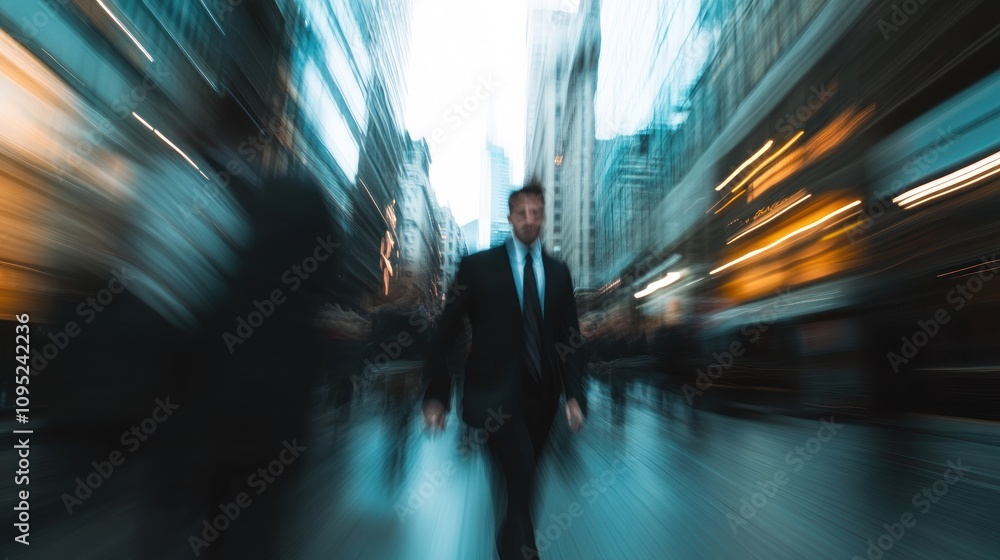 A Blurred Man Walking Through a City Street with Motion Lines A Blurred Man Walking Through a City Street with Motion Lines