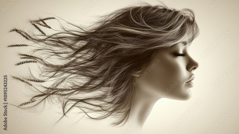 illustration of a young woman’s profile portrait with flowing hair illustration of a young woman’s profile portrait with flowing hair
