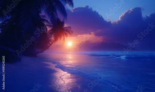 the sunset sky blends seamlessly into a blue-toned beach and palm trees