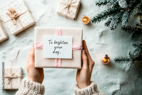 A hand offers a pastel-wrapped gift with a pink ribbon and a card reading 