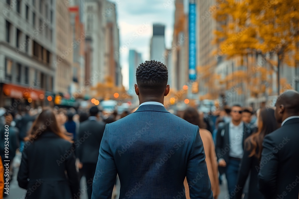 Urban Commuter Man in Suit, Blurred Cityscape, Autumn Leaves Urban Commuter Man in Suit, Blurred Cityscape, Autumn Leaves