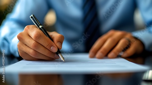 Close up of hands holding a pen and writing on a ledger