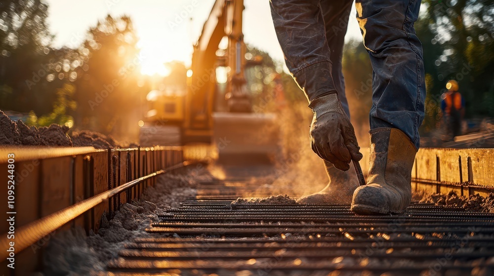 Swimming pool foundation being laid, rebar exposed, heavy machinery onsite, peaceful suburban street, late afternoon light Swimming pool foundation being laid, rebar exposed, heavy machinery onsite, peaceful suburban street, late afternoon light