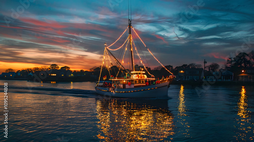 During the Patchogue Holiday Boat Parade, a boat decorated with Christmas lights and holiday characters, with various characters representing the day of Christmas

