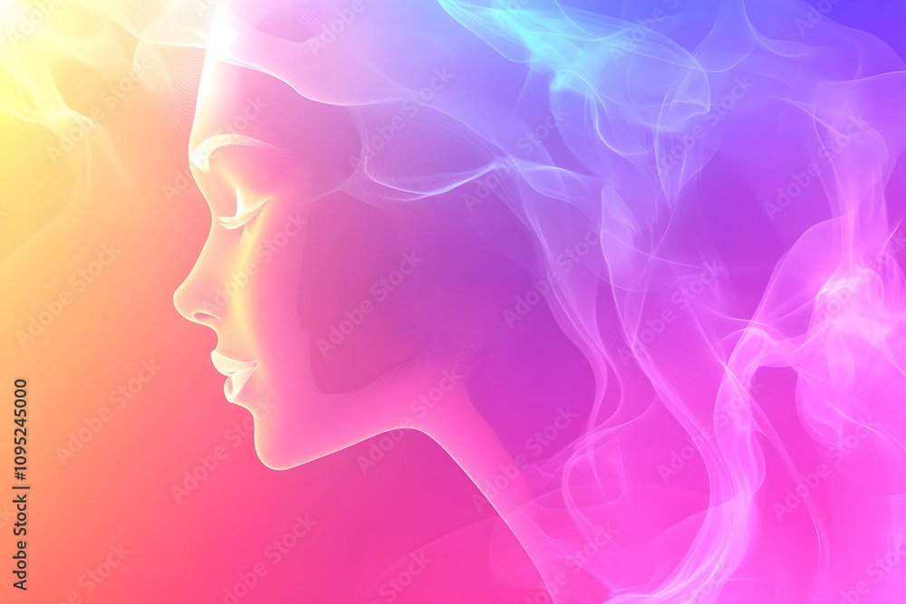 Serene female profile enveloped in vibrant, ethereal smoke; calming pastel rainbow colors, abstract portrait. Serene female profile enveloped in vibrant, ethereal smoke; calming pastel rainbow colors, abstract portrait.