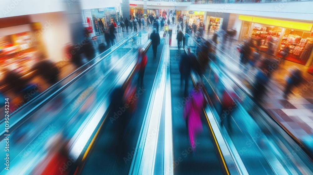 crowded shopping mall with people on escalator in holiday season, blurred background. Ai generated image crowded shopping mall with people on escalator in holiday season, blurred background. Ai generated image