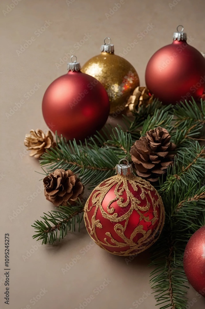 Brown background with red and gold Christmas decorations, fir twigs and pine cones with copy space Brown background with red and gold Christmas decorations, fir twigs and pine cones with copy space