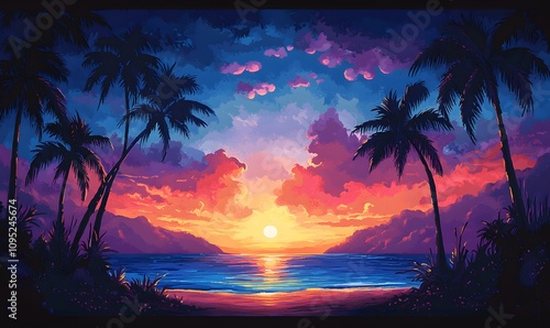 Twilight Beach Bliss, Illustrate a peaceful beach scene at twilight with palm trees in shades of blue and purple